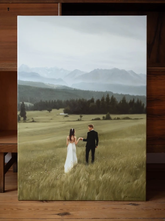 Piotr Cieślewicz - portret olejny ślubny z górską panoramą