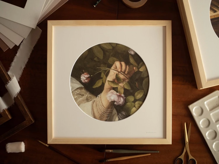 Reprodukcja "Róża" w passe-partout i drewnianej ramie