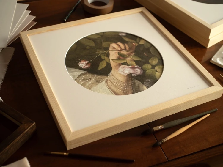 Reprodukcja "Róża" w passe-partout i drewnianej ramie