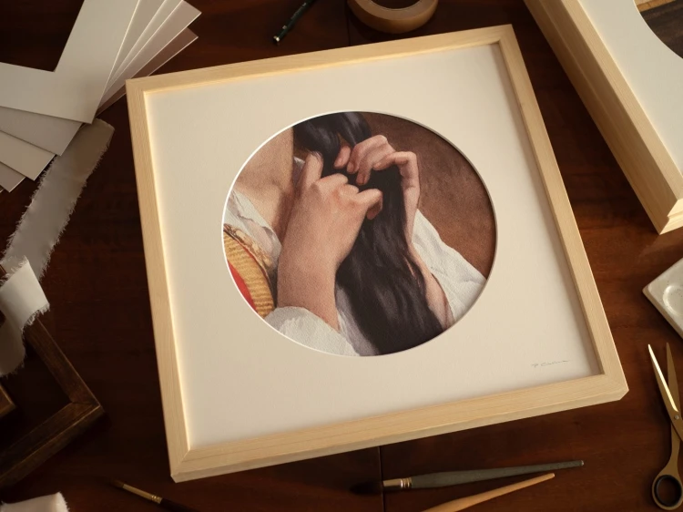 Reprodukcja "Włosy" w passe-partout i drewnianej ramie