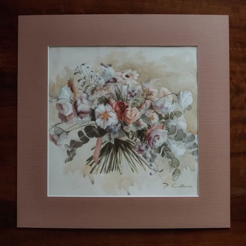 Piotr Cieślewicz - akwarelowy obraz "Bukiet z eukaliptusem" (w passe-partout)