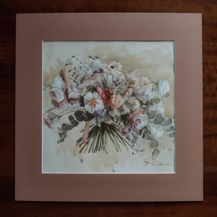 Piotr Cieślewicz - akwarelowy obraz "Bukiet z eukaliptusem" (w passe-partout)