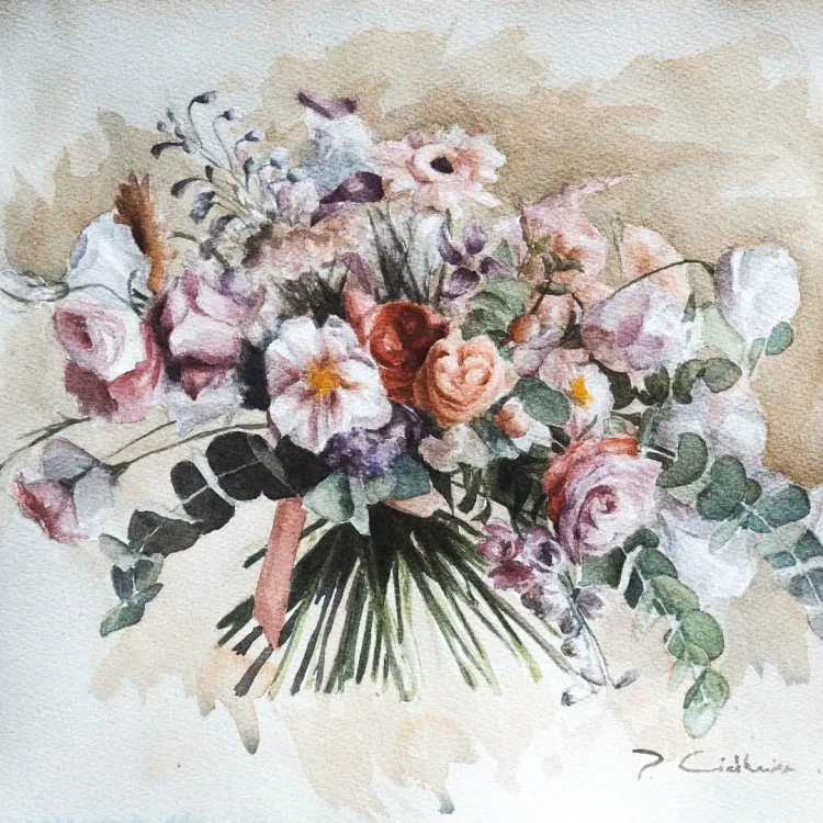 Piotr Cieślewicz - akwarelowy obraz "Bukiet z eukaliptusem"