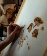 Akwarelowa kopia olejnego obrazu "Pieśń Aniołow" (autor: William-Adolphe Bouguereau) wykonana przez Piotra Cieślewicza