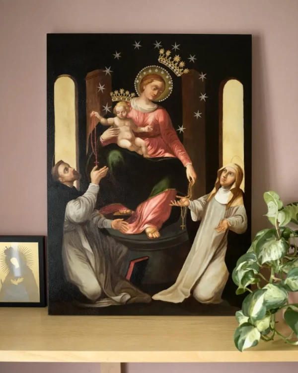 Kopia obrazu "Matka Boża Pompejańska" (autor: nieznany) wykonana przez Piotra Cieślewicza na podobraziu metalowym