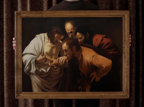Kopia obrazu "Niewierny Tomasz" (autor: Caravaggio) wykonana przez Piotra Cieślewicza