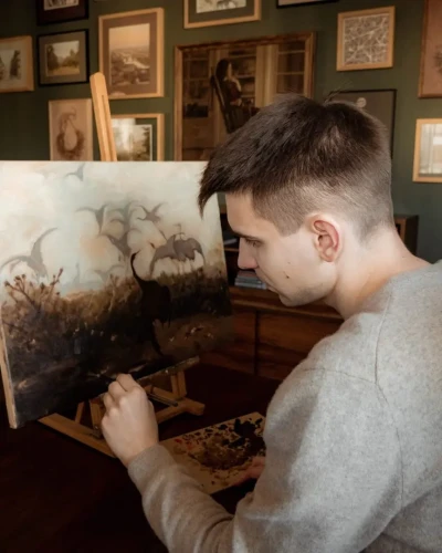 Kopia obrazu "Żurawie" (autor: Józef Chełmoński) wykonana przez Piotra Cieślewicza