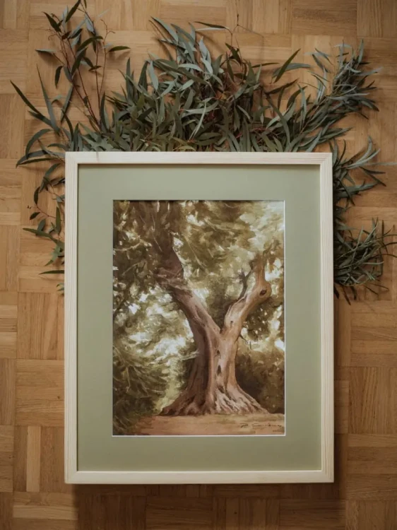 Piotr Cieślewicz - Obraz akwarelowy "Oliwka przy Sant'Antimo" z ramą i passe-partout