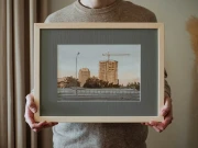 Piotr Cieślewicz - obraz akwarelowy "Wieżowce" z passe-partout i ramą