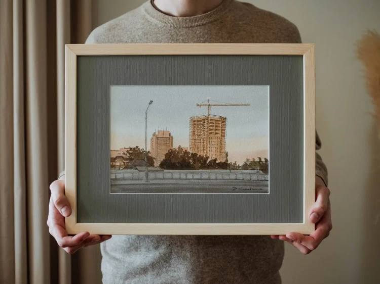 Piotr Cieślewicz - obraz akwarelowy "Wieżowce" z passe-partout i ramą