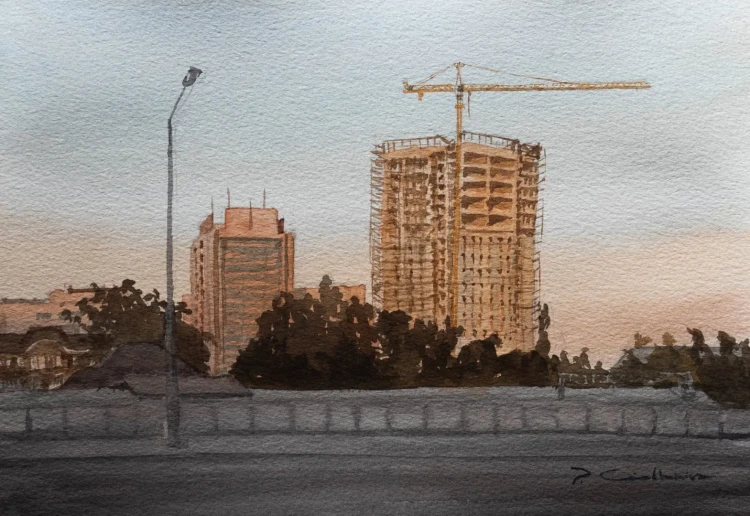 Piotr Cieślewicz - obraz akwarelowy "Wieżowce"