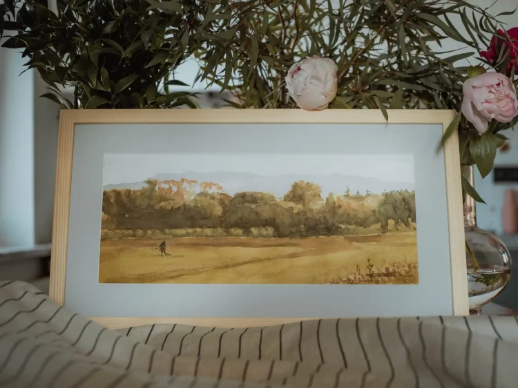 Piotr Cieślewicz - obraz akwarelowy "Z murów Lukki" z passe-partout i ramą