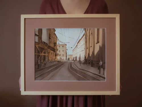 Piotr Cieślewicz - obraz akwarelowy "W stronę lwowskiego rynku" z passe-partout i ramą