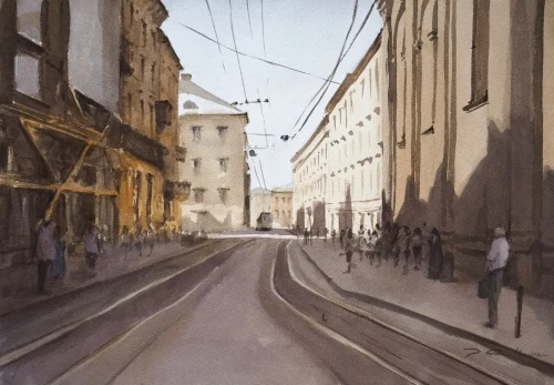 Piotr Cieślewicz - obraz akwarelowy "W stronę lwowskiego rynku"