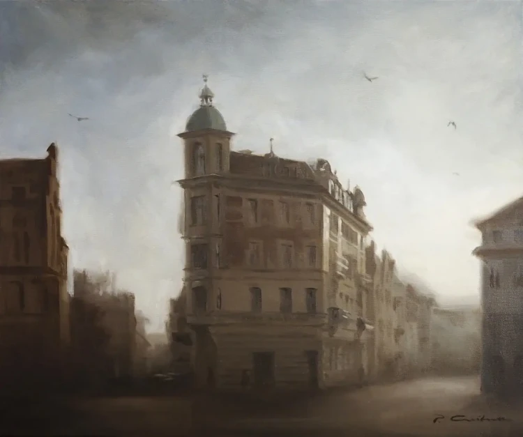 Piotr Cieślewicz - obraz olejny "Zamglone miasto" (Hotel Polonia w Toruniu)