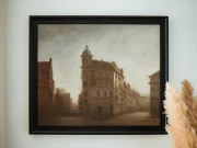 Piotr Cieślewicz - obraz olejny "Zamglone miasto" (Hotel Polonia w Toruniu) w oprawie