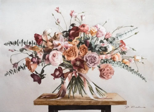 Piotr Cieślewicz - reprodukcja akwareli "Bukiet z różową wstążką"