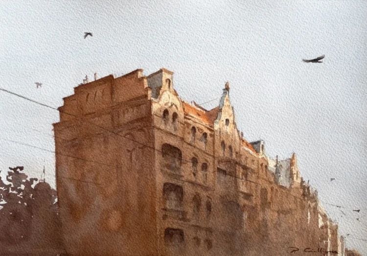 Piotr Cieślewicz - obraz akwarelowy "Kamienice"