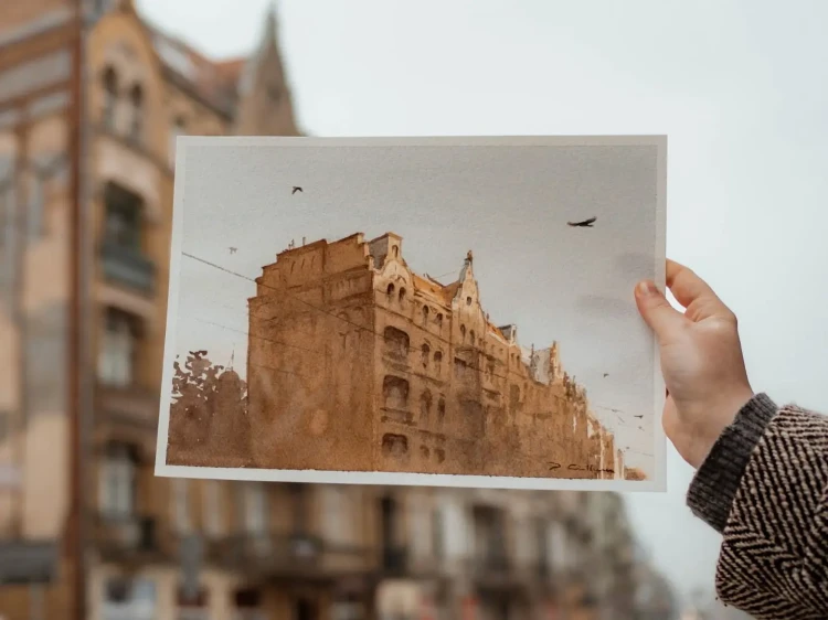 Piotr Cieślewicz - obraz akwarelowy "Kamienice"