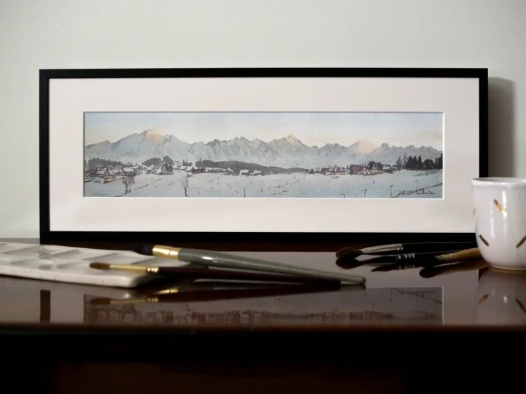 Piotr Cieślewicz - reprodukcja akwareli "Tatry zimą" (czarna aluminiowa rama i kremowe passe-partout)