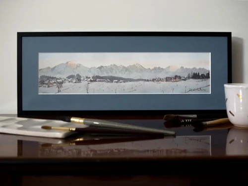 Piotr Cieślewicz - reprodukcja akwareli "Tatry zimą" w oprawie (czarna aluminiowa rama i niebieskie passe-partout)
