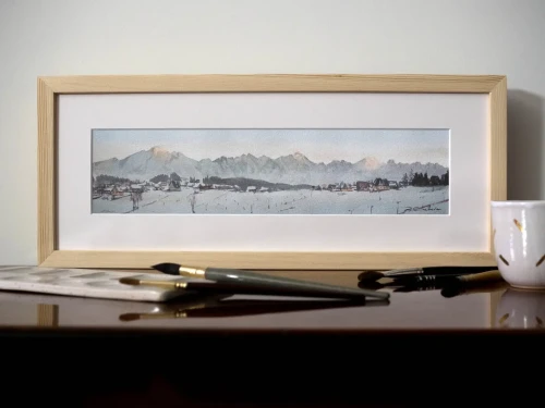 Piotr Cieślewicz - reprodukcja akwareli "Tatry zimą" w oprawie (drewniana rama i kremowe passe-partout)