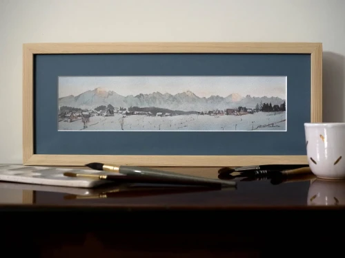 Piotr Cieślewicz - reprodukcja akwareli "Tatry zimą" w oprawie (drewniana rama i niebieskie passe-partout)