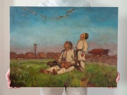 Kopia obrazu "Bociany" (autor: Józef Chełmoński) wykonana przez Piotra Cieślewicza