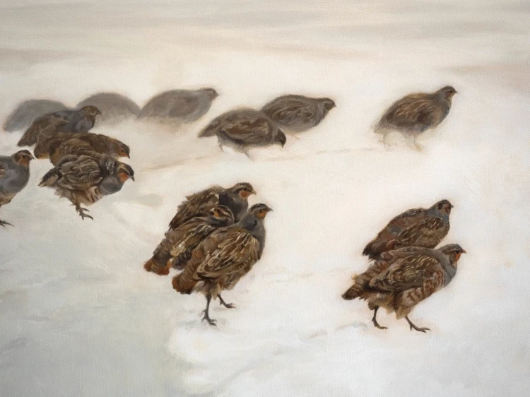 Kopia obrazu "Kuropatwy na śniegu" (autor: Józef Chełmoński) wykonana przez Piotra Cieślewicza