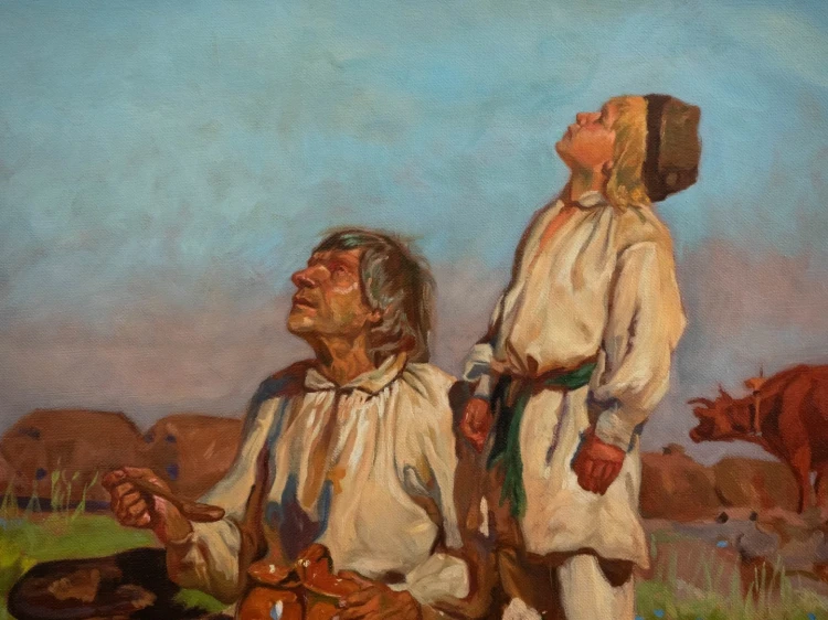 Kopia obrazu "Bociany" (autor: Józef Chełmoński) wykonana przez Piotra Cieślewicza