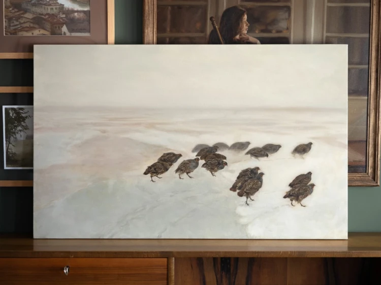 Kopia obrazu "Kuropatwy na śniegu" (autor: Józef Chełmoński) wykonana przez Piotra Cieślewicza